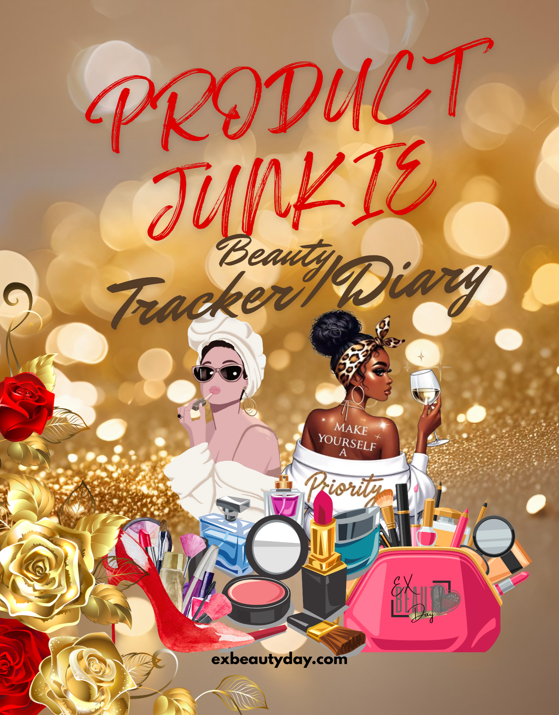 Product Junkie Beauty Tracker Diary cover with two women, makeup products, and decorative elements on a gold and red background.