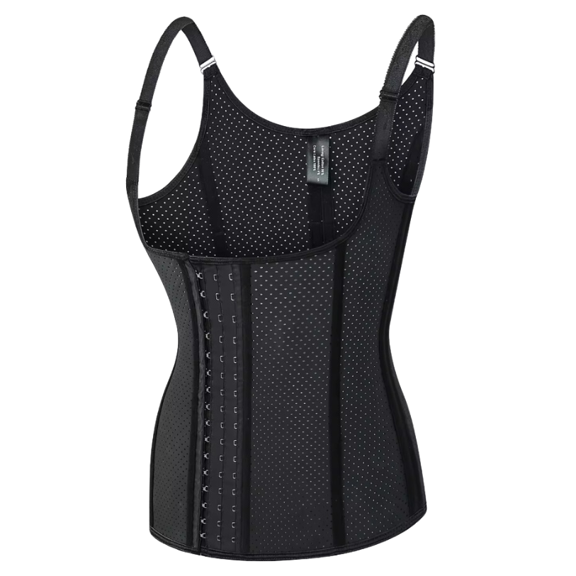 Black latex vest corset waist trainer with a dotted pattern and adjustable straps.