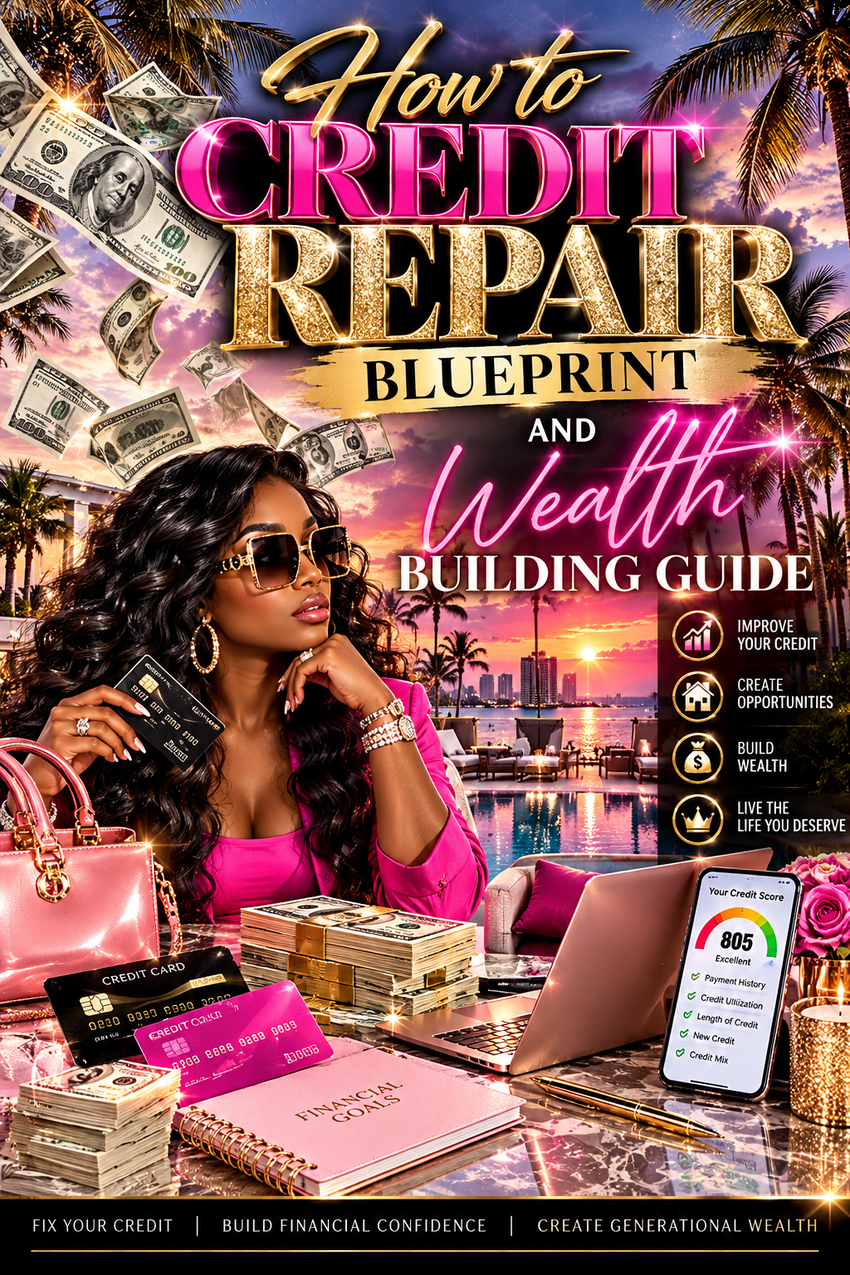 Promotional cover for a guide titled 'How to Credit Repair Blueprint and Wealth Building Guide' featuring a woman in sunglasses, stacks of cash, a laptop, a smartphone showing a credit score, and palm trees at sunset.