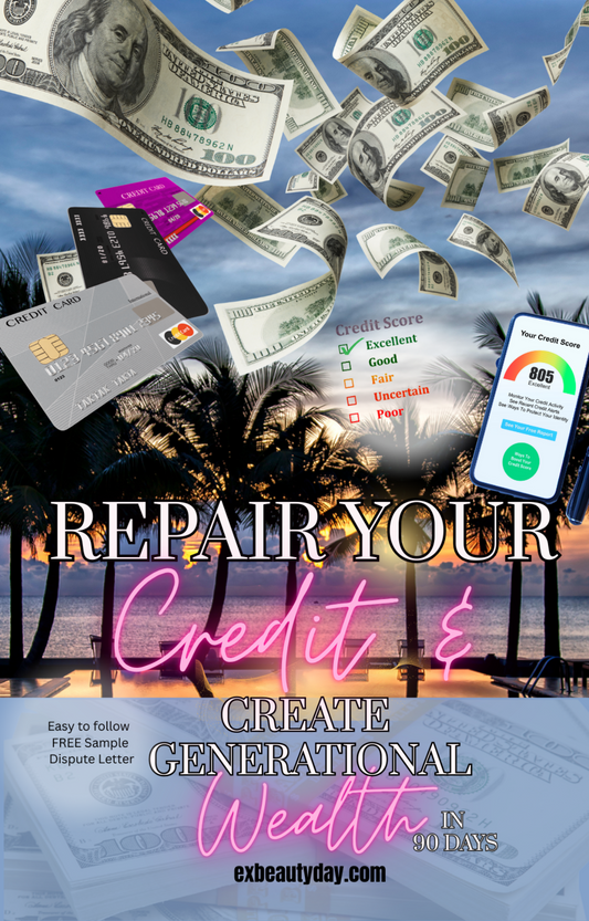 Promotional graphic for credit repair services with money, cards, and palm trees.